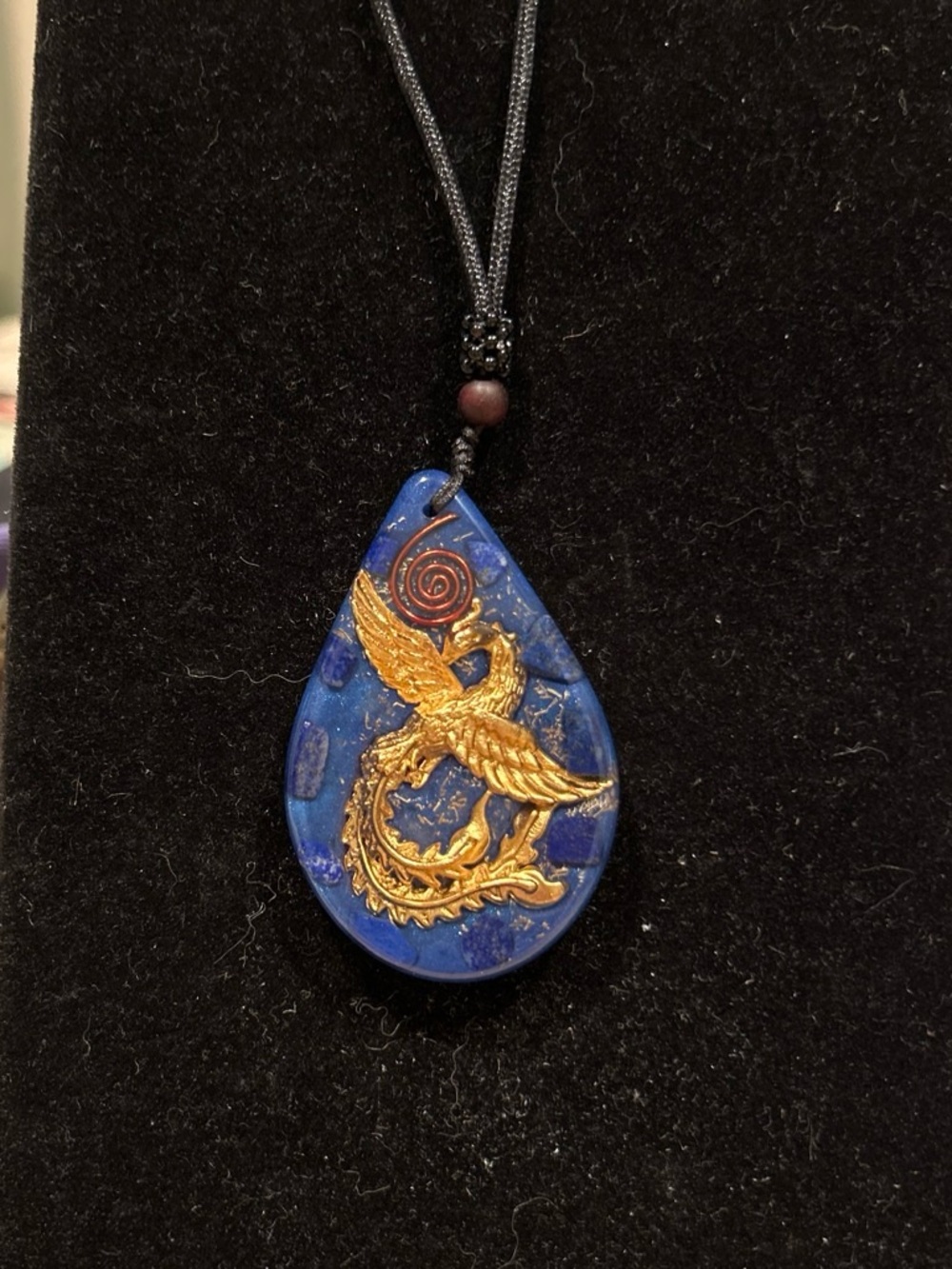Gold Phoenix Teardrop Pendant with lapis lazuli Necklace in Deep Blue
